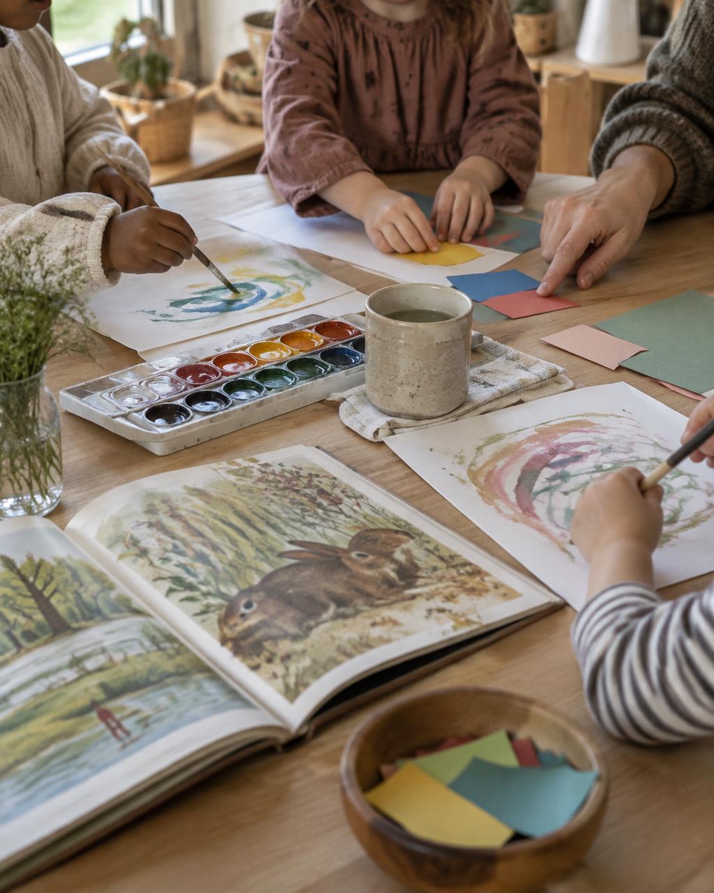 Illustrative concept of children making art with a teacher